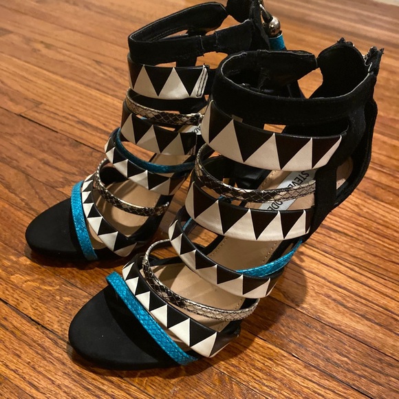 Steve Madden Strappy Black/white Print Snakeskin Heels Women’s Size 7 - Picture 7 of 11